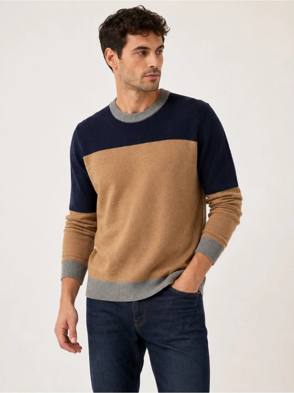 J. Crew merino wool blend Men's Navy, Camel & Gray Blocked Crewneck Sweater M
